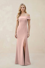 Off - the - Shoulder Satin Sheath Bridesmaid Dress With Slit in Dusty Rose - KISS BRIDAL Bridesmaid Dresses