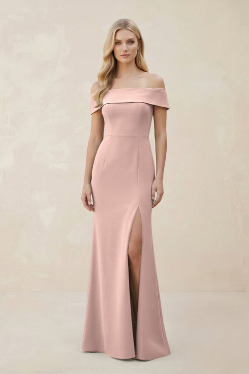 Off - the - Shoulder Satin Sheath Bridesmaid Dress With Slit in Dusty Rose - KISS BRIDAL Bridesmaid Dresses