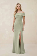 Off - the - Shoulder Satin Sheath Bridesmaid Dress With Slit in Dusty Sage - KISS BRIDAL Bridesmaid Dresses