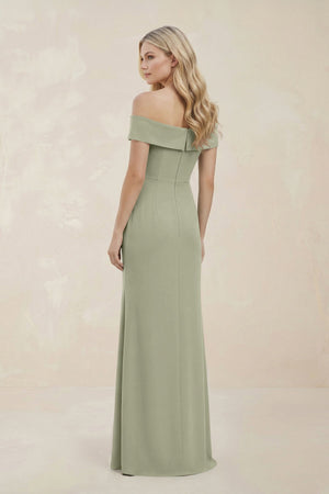 Off - the - Shoulder Satin Sheath Bridesmaid Dress With Slit in Dusty Sage - KISS BRIDAL Bridesmaid Dresses