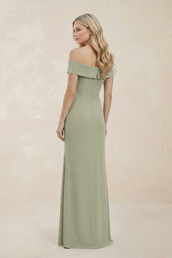 Off - the - Shoulder Satin Sheath Bridesmaid Dress With Slit in Dusty Sage - KISS BRIDAL Bridesmaid Dresses