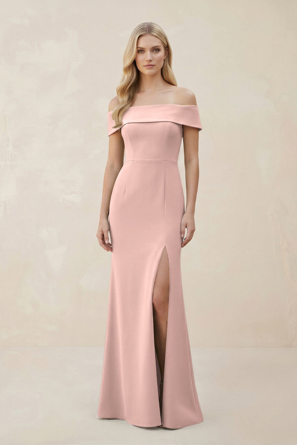 Off - the - Shoulder Satin Sheath Bridesmaid Dress With Slit in English Rose - SHE IS ME Bridesmaid Dresses