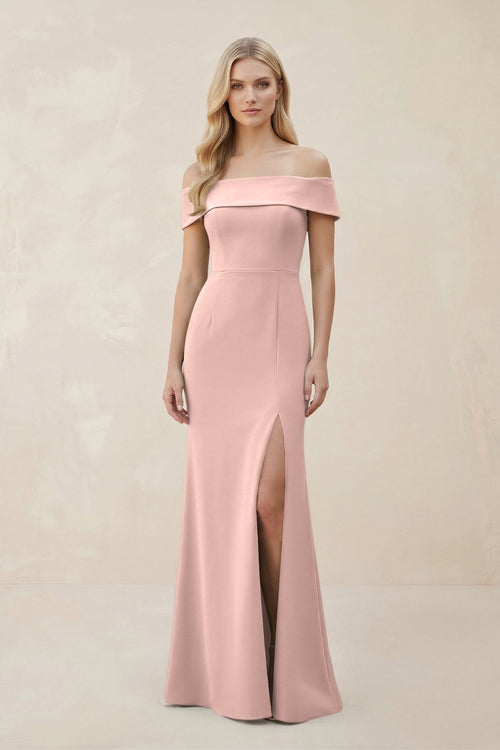 Off - the - Shoulder Satin Sheath Bridesmaid Dress With Slit in English Rose - KISS BRIDAL Bridesmaid Dresses