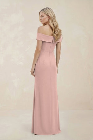 Off - the - Shoulder Satin Sheath Bridesmaid Dress With Slit in English Rose - KISS BRIDAL Bridesmaid Dresses