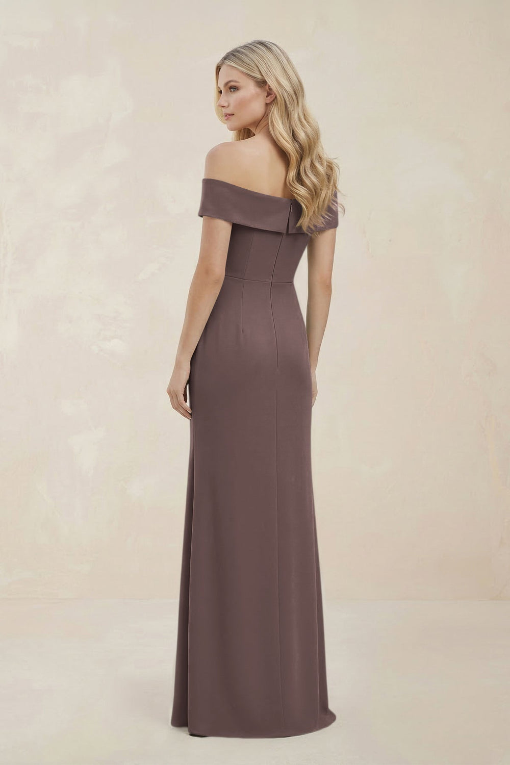 Off - the - Shoulder Satin Sheath Bridesmaid Dress With Slit in Espresso - KISS BRIDAL Bridesmaid Dresses