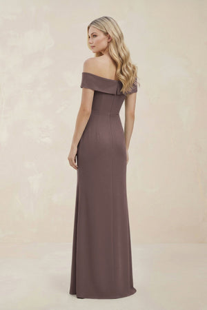 Off - the - Shoulder Satin Sheath Bridesmaid Dress With Slit in Espresso - KISS BRIDAL Bridesmaid Dresses