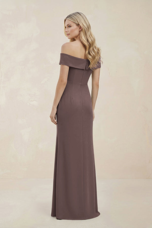 Off - the - Shoulder Satin Sheath Bridesmaid Dress With Slit in Espresso - KISS BRIDAL Bridesmaid Dresses