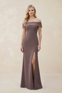 Off - the - Shoulder Satin Sheath Bridesmaid Dress With Slit in Espresso - KISS BRIDAL Bridesmaid Dresses