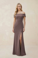 Off - the - Shoulder Satin Sheath Bridesmaid Dress With Slit in Espresso - KISS BRIDAL Bridesmaid Dresses
