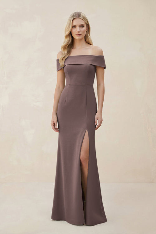 Off - the - Shoulder Satin Sheath Bridesmaid Dress With Slit in Espresso - KISS BRIDAL Bridesmaid Dresses