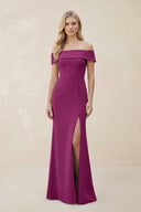 Off - the - Shoulder Satin Sheath Bridesmaid Dress With Slit in Fig - KISS BRIDAL Bridesmaid Dresses