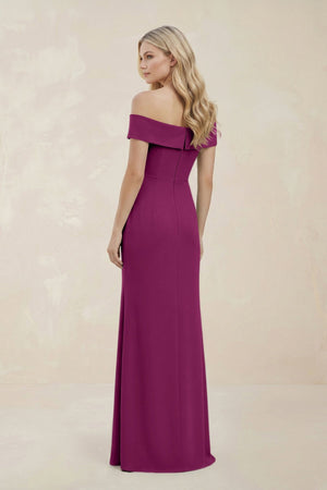 Off - the - Shoulder Satin Sheath Bridesmaid Dress With Slit in Fig - KISS BRIDAL Bridesmaid Dresses