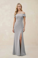 Off - the - Shoulder Satin Sheath Bridesmaid Dress With Slit in Frost - KISS BRIDAL Bridesmaid Dresses