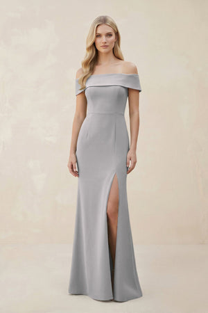 Off - the - Shoulder Satin Sheath Bridesmaid Dress With Slit in Frost - KISS BRIDAL Bridesmaid Dresses