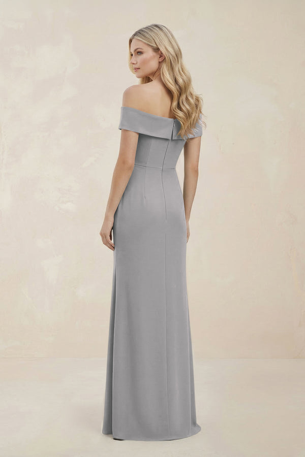 Off - the - Shoulder Satin Sheath Bridesmaid Dress With Slit in Frost - KISS BRIDAL Bridesmaid Dresses
