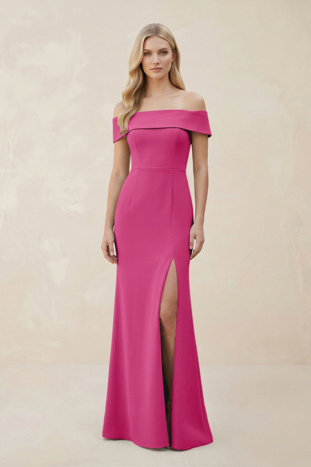 Off - the - Shoulder Satin Sheath Bridesmaid Dress With Slit in Fuchsia - SHE IS ME Bridesmaid Dresses
