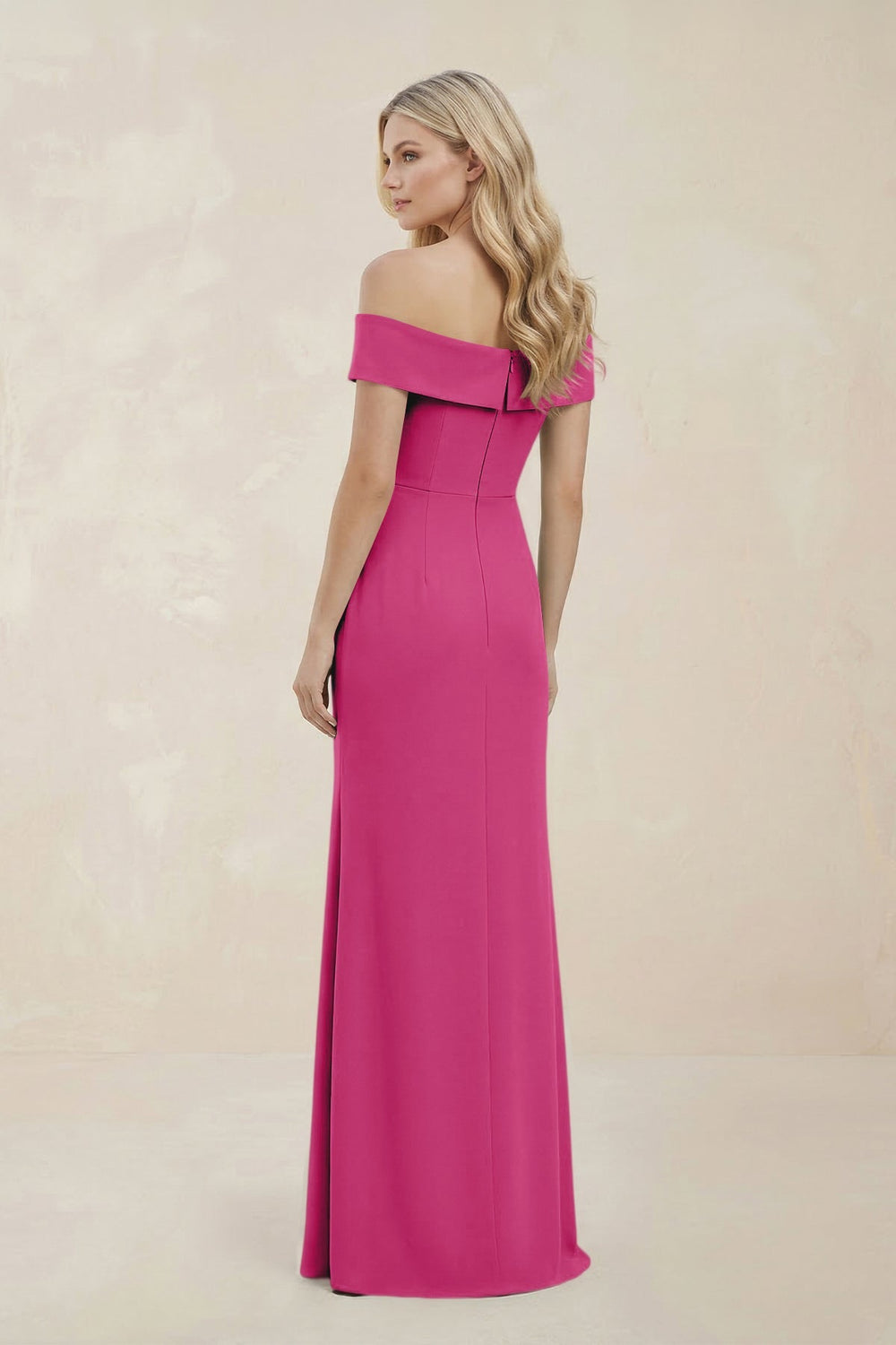 Off - the - Shoulder Satin Sheath Bridesmaid Dress With Slit in Fuchsia - SHE IS ME Bridesmaid Dresses