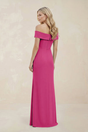 Off - the - Shoulder Satin Sheath Bridesmaid Dress With Slit in Fuchsia - KISS BRIDAL Bridesmaid Dresses