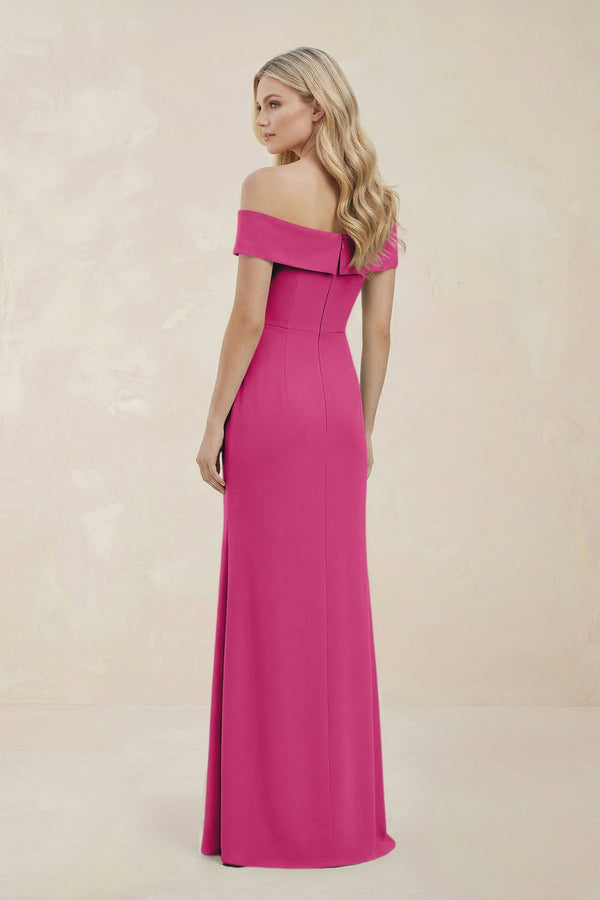 Off - the - Shoulder Satin Sheath Bridesmaid Dress With Slit in Fuchsia - KISS BRIDAL Bridesmaid Dresses