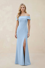 Off - the - Shoulder Satin Sheath Bridesmaid Dress With Slit in Ice - KISS BRIDAL Bridesmaid Dresses