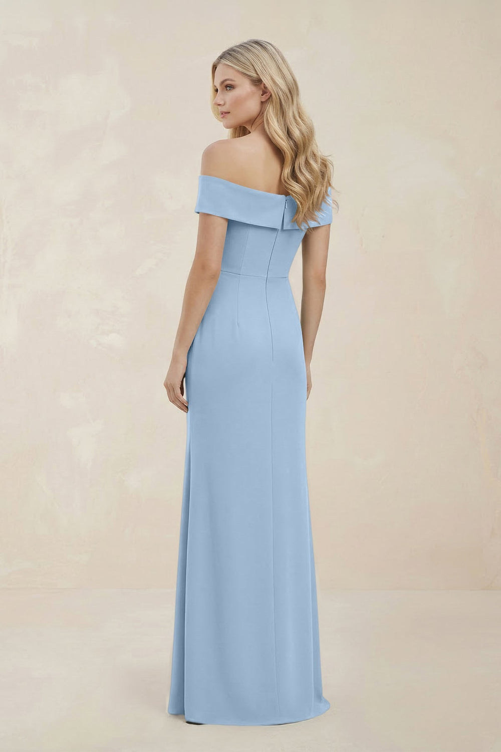 Off - the - Shoulder Satin Sheath Bridesmaid Dress With Slit in Ice - KISS BRIDAL Bridesmaid Dresses