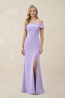Off - the - Shoulder Satin Sheath Bridesmaid Dress With Slit in Lavender - KISS BRIDAL Bridesmaid Dresses