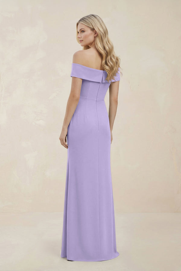 Off - the - Shoulder Satin Sheath Bridesmaid Dress With Slit in Lavender - KISS BRIDAL Bridesmaid Dresses