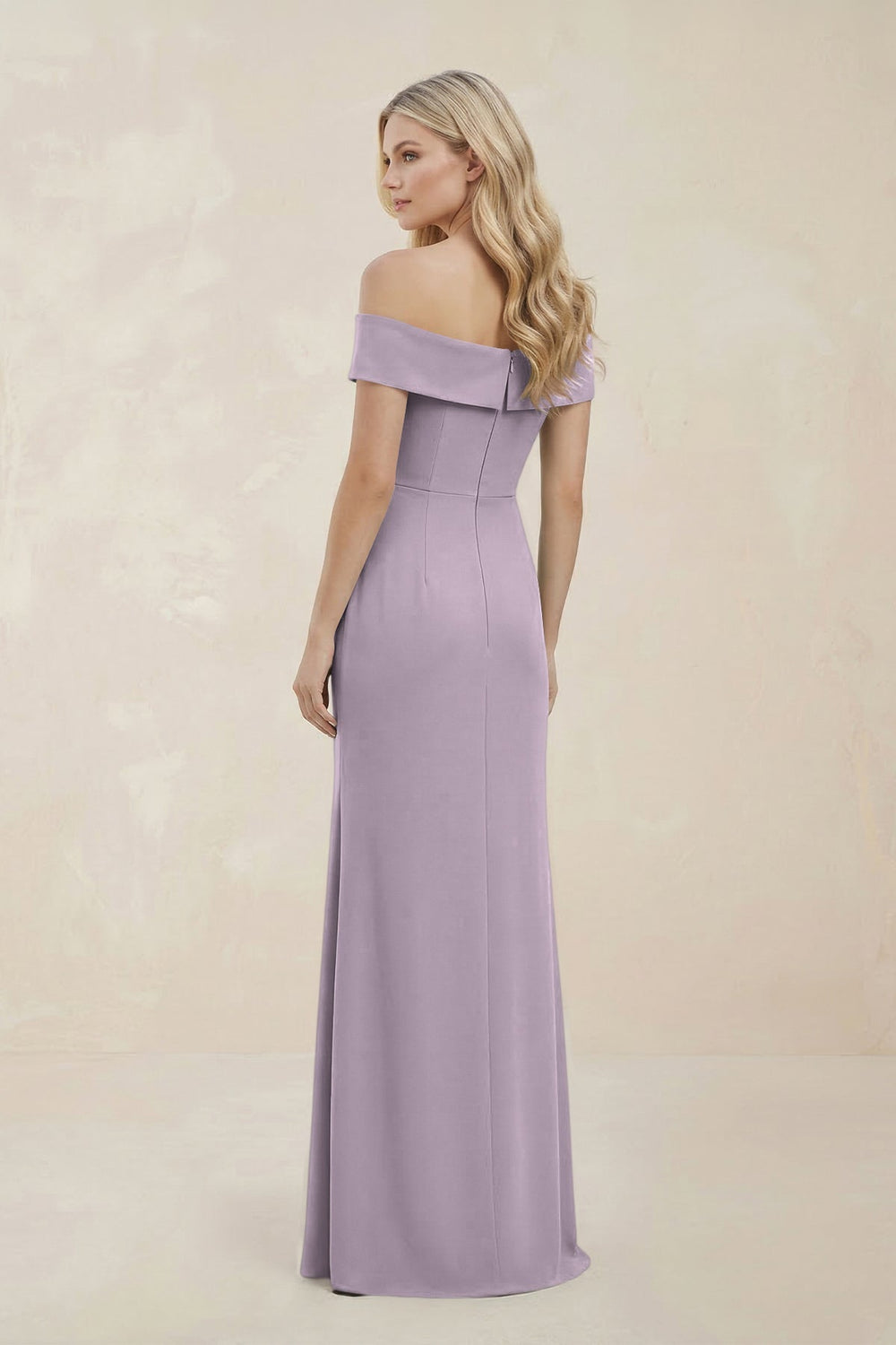 Off - the - Shoulder Satin Sheath Bridesmaid Dress With Slit in Lavender Grey - KISS BRIDAL Bridesmaid Dresses