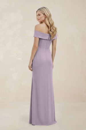 Off - the - Shoulder Satin Sheath Bridesmaid Dress With Slit in Lavender Grey - KISS BRIDAL Bridesmaid Dresses