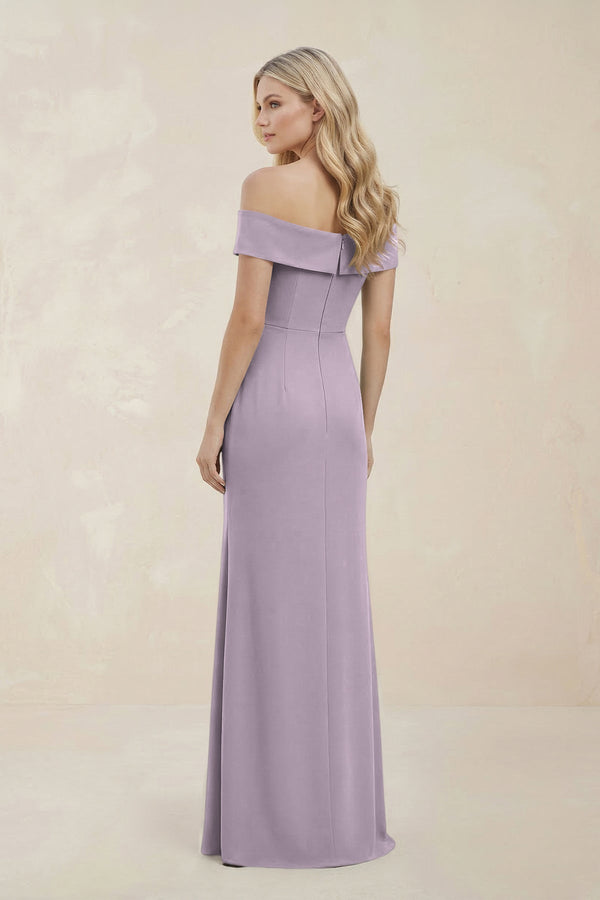 Off - the - Shoulder Satin Sheath Bridesmaid Dress With Slit in Lavender Grey - KISS BRIDAL Bridesmaid Dresses