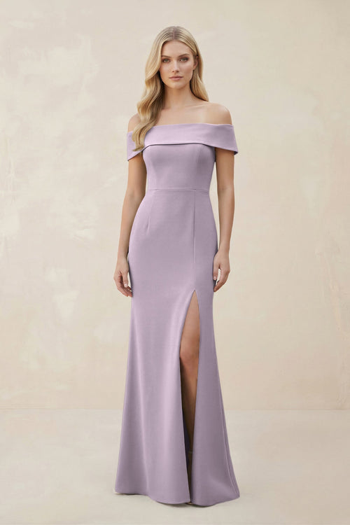Off - the - Shoulder Satin Sheath Bridesmaid Dress With Slit in Lavender Grey - KISS BRIDAL Bridesmaid Dresses