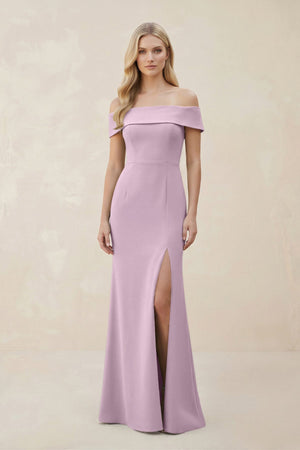 Off - the - Shoulder Satin Sheath Bridesmaid Dress With Slit in Lilac - KISS BRIDAL Bridesmaid Dresses