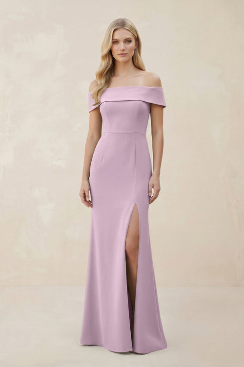 Off - the - Shoulder Satin Sheath Bridesmaid Dress With Slit in Lilac - KISS BRIDAL Bridesmaid Dresses