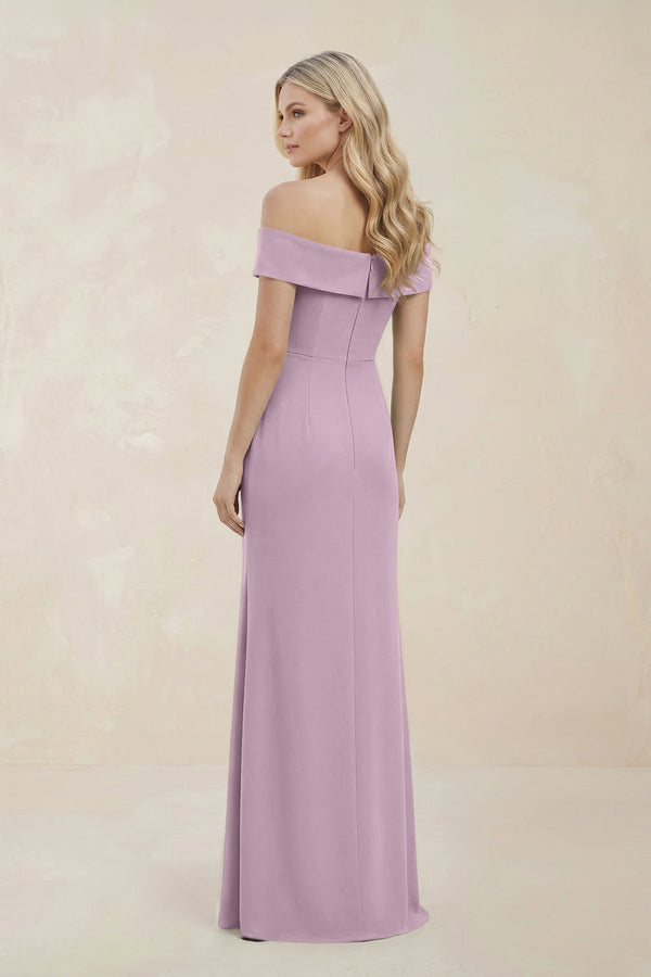 Off - the - Shoulder Satin Sheath Bridesmaid Dress With Slit in Lilac - KISS BRIDAL Bridesmaid Dresses