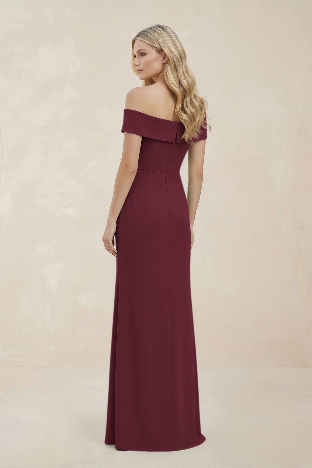 Off - the - Shoulder Satin Sheath Bridesmaid Dress With Slit in Magenta - KISS BRIDAL Bridesmaid Dresses