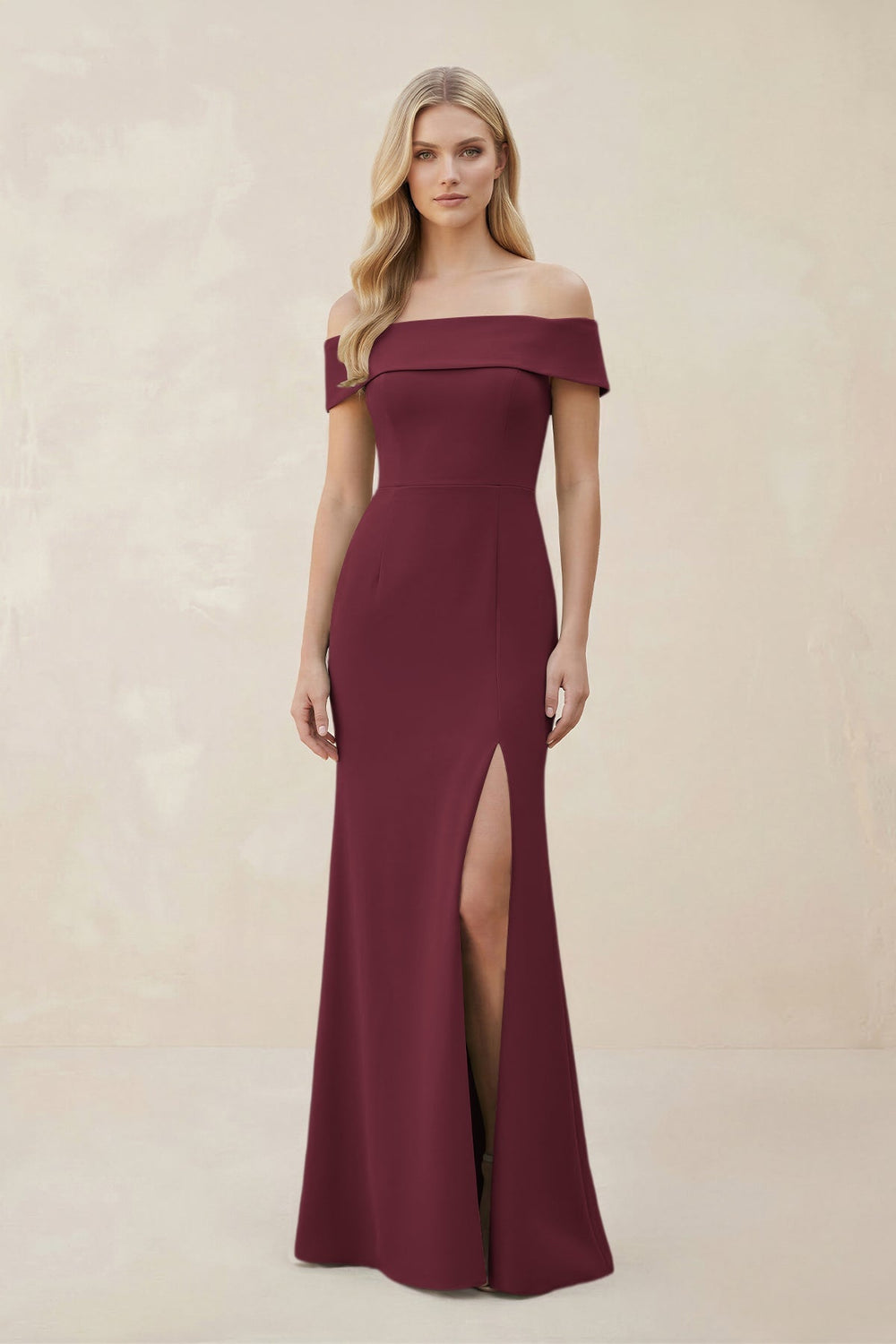 Off - the - Shoulder Satin Sheath Bridesmaid Dress With Slit in Magenta - KISS BRIDAL Bridesmaid Dresses