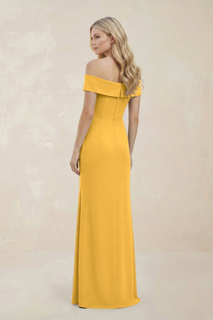 Off - the - Shoulder Satin Sheath Bridesmaid Dress With Slit in Marigold - KISS BRIDAL Bridesmaid Dresses