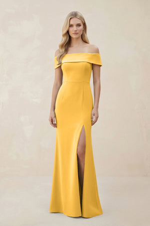 Off - the - Shoulder Satin Sheath Bridesmaid Dress With Slit in Marigold - KISS BRIDAL Bridesmaid Dresses