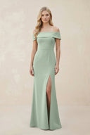 Off - the - Shoulder Satin Sheath Bridesmaid Dress With Slit in Matcha - KISS BRIDAL Bridesmaid Dresses