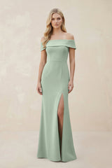 Off - the - Shoulder Satin Sheath Bridesmaid Dress With Slit in Matcha - KISS BRIDAL Bridesmaid Dresses