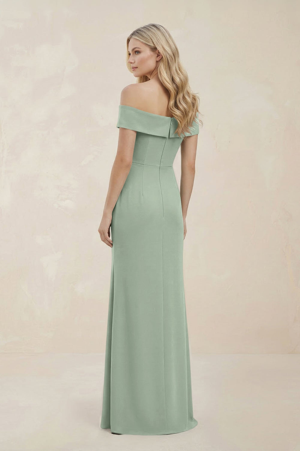 Off - the - Shoulder Satin Sheath Bridesmaid Dress With Slit in Matcha - SHE IS ME Bridesmaid Dresses