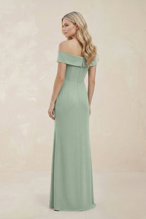 Off - the - Shoulder Satin Sheath Bridesmaid Dress With Slit in Matcha - KISS BRIDAL Bridesmaid Dresses