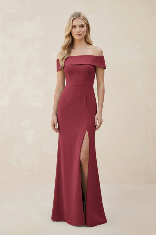 Off - the - Shoulder Satin Sheath Bridesmaid Dress With Slit in Merlot - KISS BRIDAL Bridesmaid Dresses