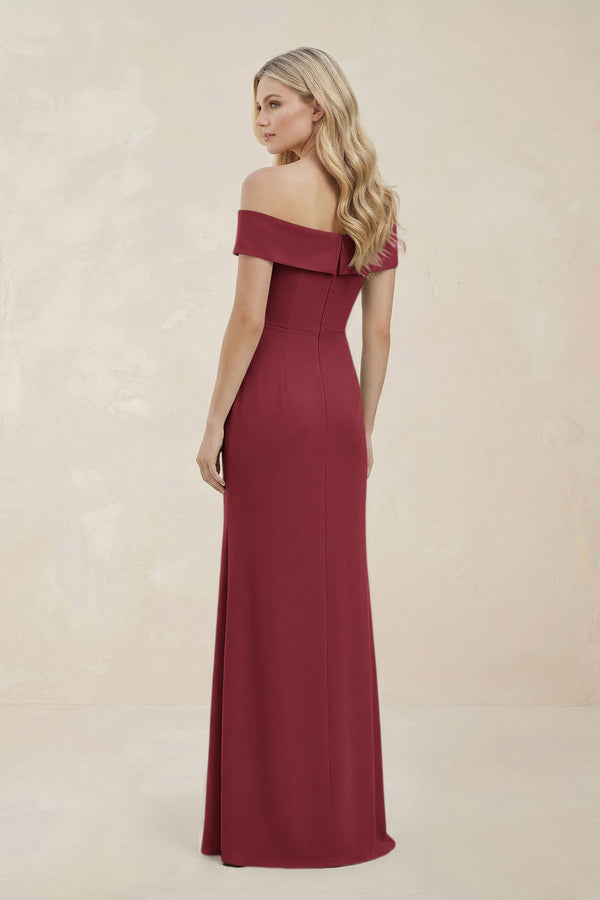 Off - the - Shoulder Satin Sheath Bridesmaid Dress With Slit in Merlot - KISS BRIDAL Bridesmaid Dresses
