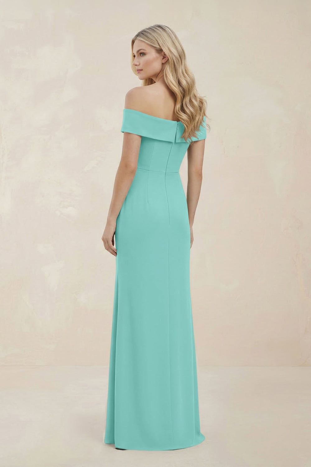 Off - the - Shoulder Satin Sheath Bridesmaid Dress With Slit in Mint Green - SHE IS ME Bridesmaid Dresses