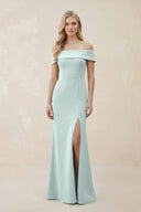 Off - the - Shoulder Satin Sheath Bridesmaid Dress With Slit in Mist - KISS BRIDAL Bridesmaid Dresses