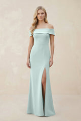 Off - the - Shoulder Satin Sheath Bridesmaid Dress With Slit in Mist - KISS BRIDAL Bridesmaid Dresses