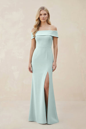 Off - the - Shoulder Satin Sheath Bridesmaid Dress With Slit in Mist - KISS BRIDAL Bridesmaid Dresses