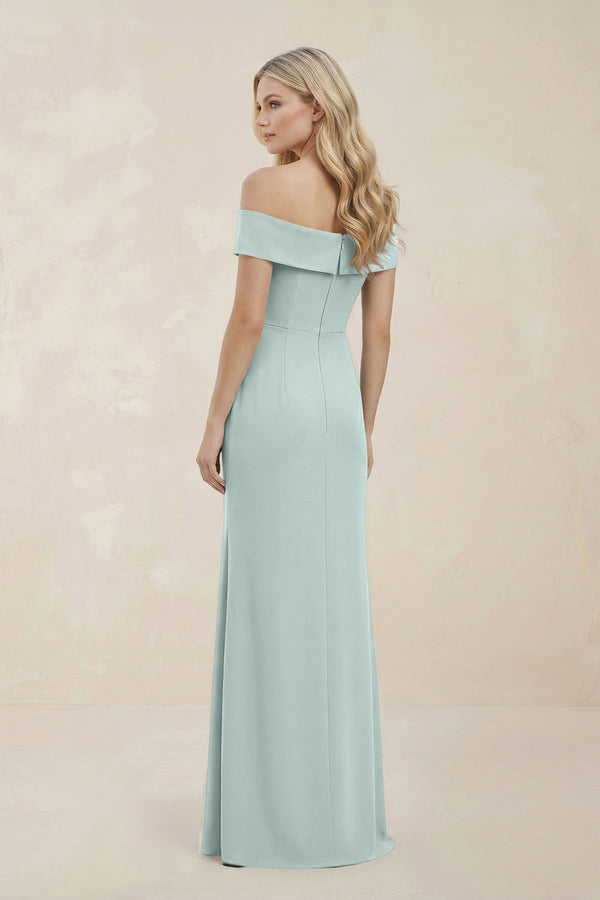 Off - the - Shoulder Satin Sheath Bridesmaid Dress With Slit in Mist - KISS BRIDAL Bridesmaid Dresses
