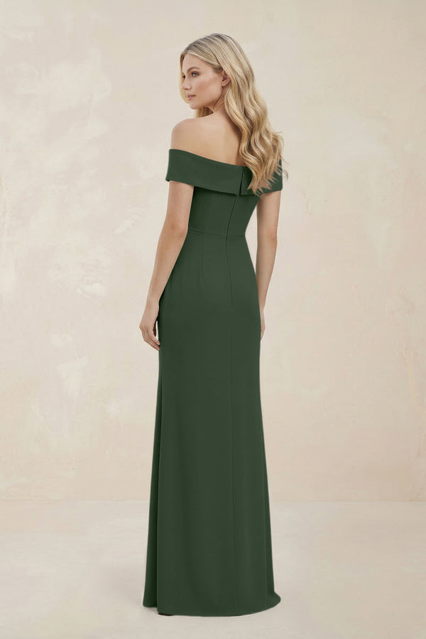 Off - the - Shoulder Satin Sheath Bridesmaid Dress With Slit in Moss - KISS BRIDAL Bridesmaid Dresses